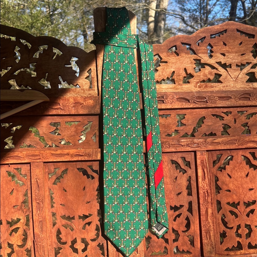 🌀 NWT Bally Green Nautical Theme Silk Tie with Red Stripe Details - Picture 4 of 7